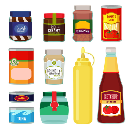 Illustrations of canned goods. Conservation of tomato, fish, vegetables and other foods. Vector food goods and conserve tomato soupのイラスト素材