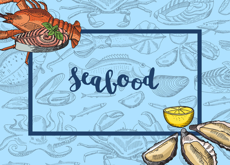 Vector frame with hand drawn seafood elementsのイラスト素材