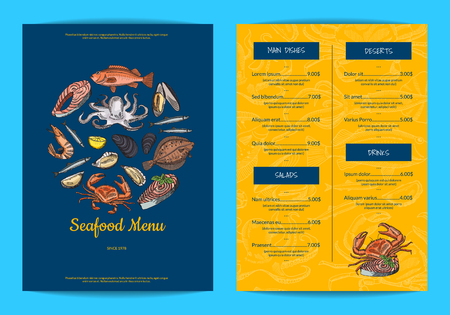 Vector menu template for restaurant, shop or cafe with hand drawn seafood elementsのイラスト素材