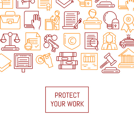 Vector linear style copyright elements with books and hammer illustrationのイラスト素材