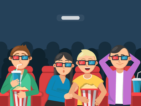 Funny characters watching scary movie in cinema Vector illustration.のイラスト素材