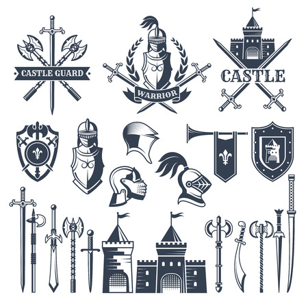 Monochrome pictures and badges of medieval knight theme. Illustrations of helmets, swords on white background. Vector illustration.のイラスト素材