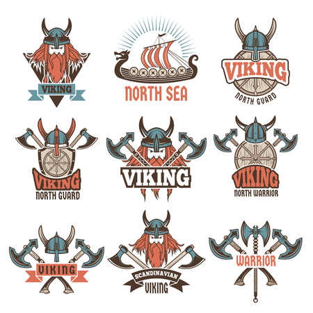 Colored labels set with medieval barbarian warriors Vector illustration.のイラスト素材