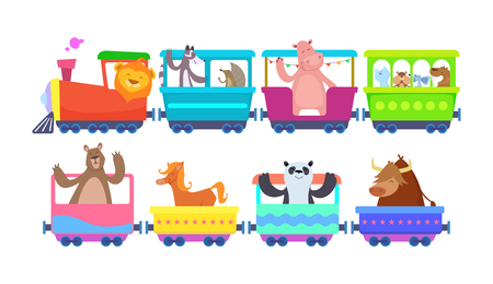 Funny cartoon animals rides in cartoon trains Vector illustration.のイラスト素材