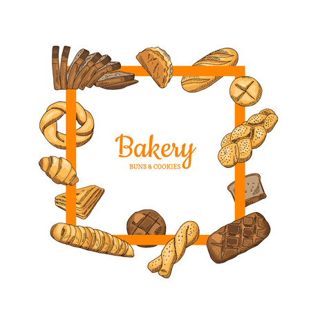 Vector frame with hand drawn colored bakery elementsのイラスト素材