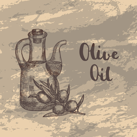 Vector hand drawn olive branche with oil bottle illustrationのイラスト素材