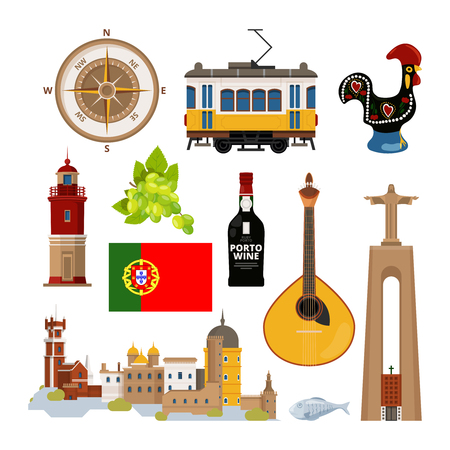 Historical symbols of Portugal Lissabon. Vector icon set in flat styleのイラスト素材