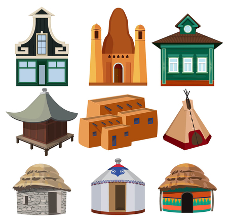 Tribal small houses of different nationalities isolated on white backgroundのイラスト素材