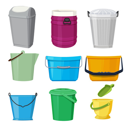 Different containers and buckets. Vector illustrations in cartoon styleのイラスト素材
