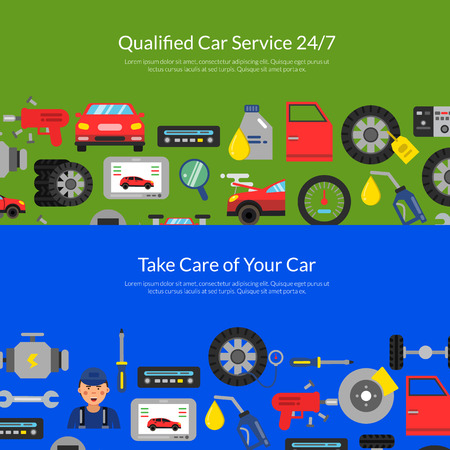 Vector web banners page illustration with flat style car service elements with car parts and repair toolsのイラスト素材
