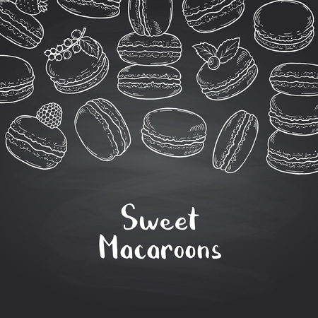 Vector background on black chalkboard with hand drawn macaroonsのイラスト素材