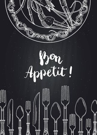 Vector background on black chalkboard illustration with hand drawn tablewareのイラスト素材