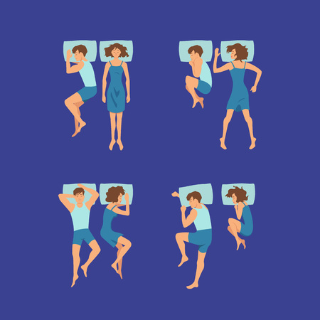 Vector set of couple of man and woman sleeping on pillows poses illustrationのイラスト素材
