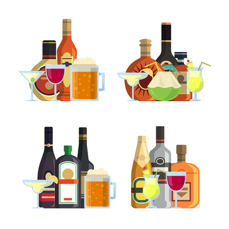 Vector piles of alcoholic drinks in glasses and bottles in flat style setのイラスト素材