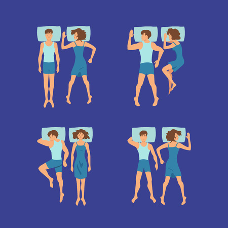Vector set of couple of man and woman sleeping on pillows poses illustrationのイラスト素材