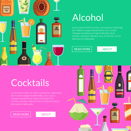 Vector banners illustration with alcoholic drinks in glasses and bottles in flat styleのイラスト素材