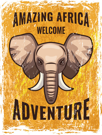 Retro poster template with illustration of african elephant. Vector elephant mascot, amazing africa adventure posterのイラスト素材