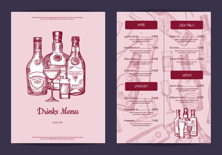 Vector drinks menu template for bar, cafe or restaurant with hand drawn alcohol drinks bottles and glasses illustrationのイラスト素材