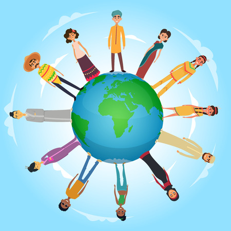 Concept illustration with international peoples male and female standing on the earth planet. Global international world, female and male on globeのイラスト素材