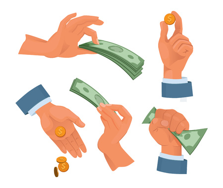 Hands holding money. Set in cartoon style. Money cash, finance currency holding hand. Vector illustrationのイラスト素材