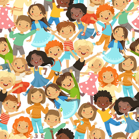 Seamless pattern with illustrations of funny happy kids. Child boy and girl, group character kids vectorのイラスト素材