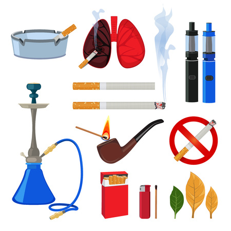 Tobacco, cigarette and different accessories for smokers. Smoke habit, lighter and accessories, viper and cigarette. Vector illustrationのイラスト素材