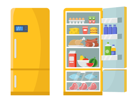 Vector illustrations of empty and closed refrigerator with different healthy foodのイラスト素材