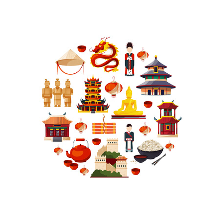 Vector flat style china elements and sights gathered in circle illustrationのイラスト素材