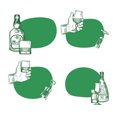 Vector set of stickers with hand drawn alcohol drink bottles and glassesのイラスト素材