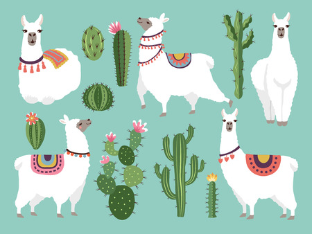 Illustrations of funny llama. Vector animal in flat style. Alpaca character and lama, nature wildlifeのイラスト素材