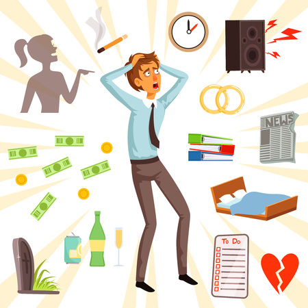 Attributes and symbols of stress and fear. Unhappy adult character, fear and stress illustration vectorのイラスト素材