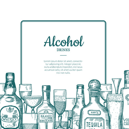 Vector hand drawn alcohol drink bottles and glasses frame with place for text with below illustration. Alcohol drink bottle, hand drawn beer and whiskeyのイラスト素材