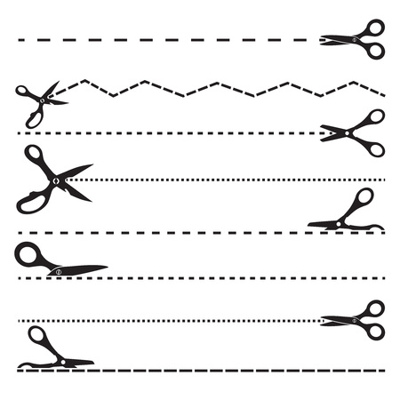 Pictures with scissors and cutting lines. Tools for design templates. Scissor black dividing dotted line. Vector illustrationのイラスト素材