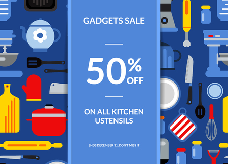 Vector flat style kitchen utensils sale background illustration with place for textのイラスト素材
