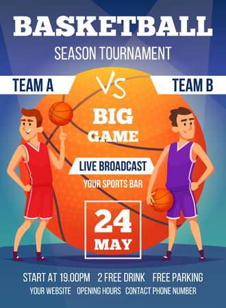 Poster invitation at basketball championship. Design template with place for your text and sport charactersのイラスト素材