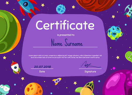 Vector children diploma or certificate with cartoon space planetsのイラスト素材