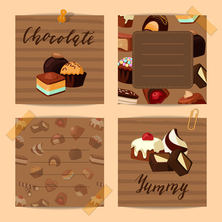 Vector set of cute notes with cartoon chocolate candiesのイラスト素材