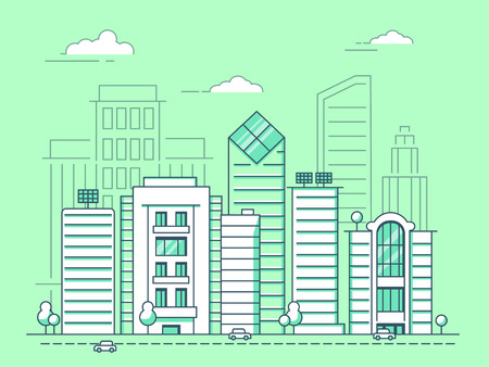 Mono line illustrations of urban landscape with business buildingsのイラスト素材