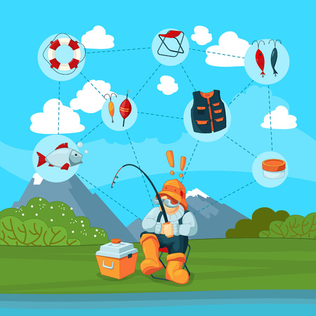 Vector illustration with fisherman and cartoon fishingのイラスト素材