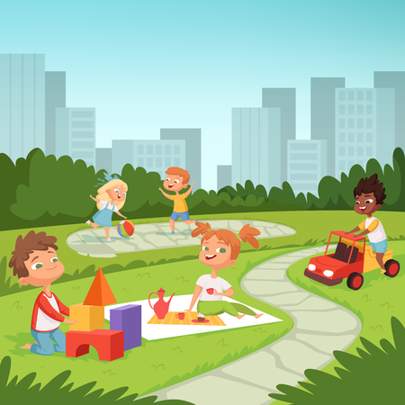 Childrens playing in educational games outdoor . Various equipment for kidsのイラスト素材