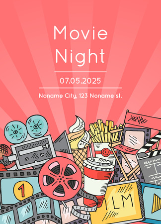 Vector cinema doodle icons poster for movie night or festivalのイラスト素材