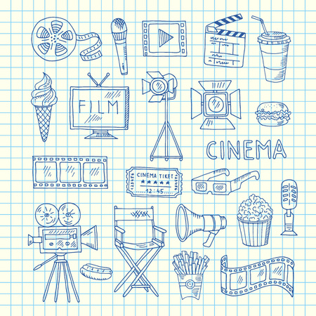 Vector cinema doodle icons of set on cell sheet illustrationのイラスト素材