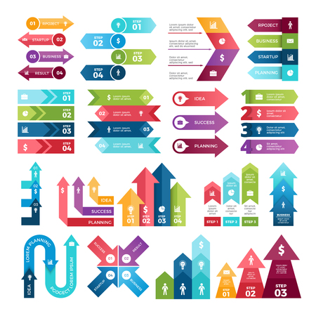 Colored arrows for design projects of infographics. Visualizations of steps. Pictures for business presentationsのイラスト素材