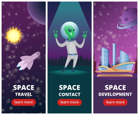 Vector vertical banners with pictures of space backgrounds with aliens and spaceshipsのイラスト素材