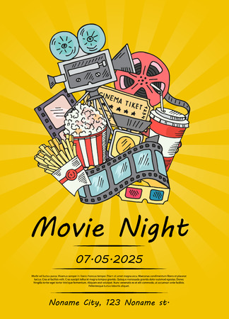 Vector cinema doodle icons poster for movie night or festival on sunrays bacgkround illustrationのイラスト素材