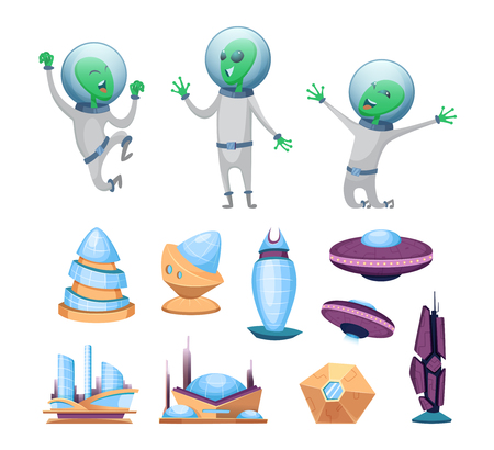 Space futuristic buildings and ufo ships. Various characters of aliens. Humanoid alien, modern building and shuttle ufo illustrationのイラスト素材
