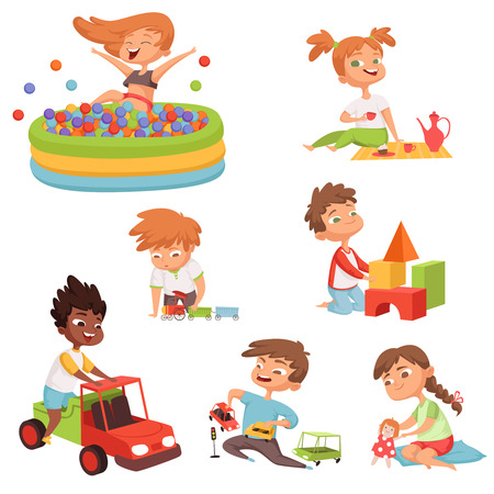 Various games and toys for preschool kids. Game preschool, childhood girl and boy leisure, vector illustrationのイラスト素材