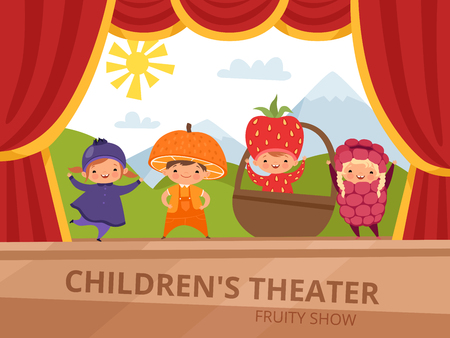 Children on stage. Kids in fruit costumes perform at school partyのイラスト素材