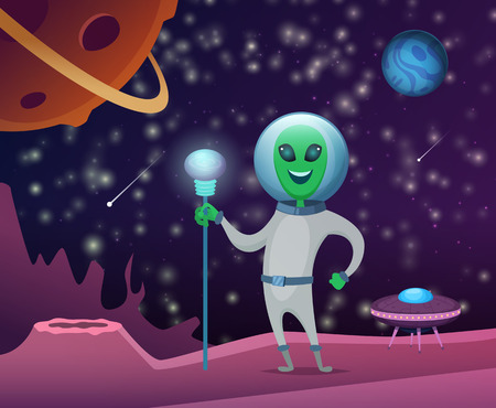 Space background with character of funny alien. Character funny, cute ufo monster, green martian in universe, vector illustrationのイラスト素材