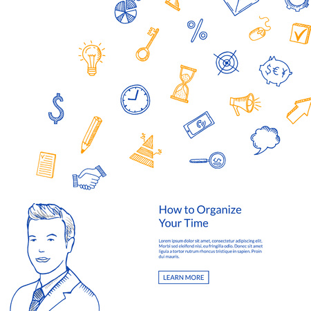 Vector business doodle icons with hand drawn businessman background with place for text illustrationの写真素材